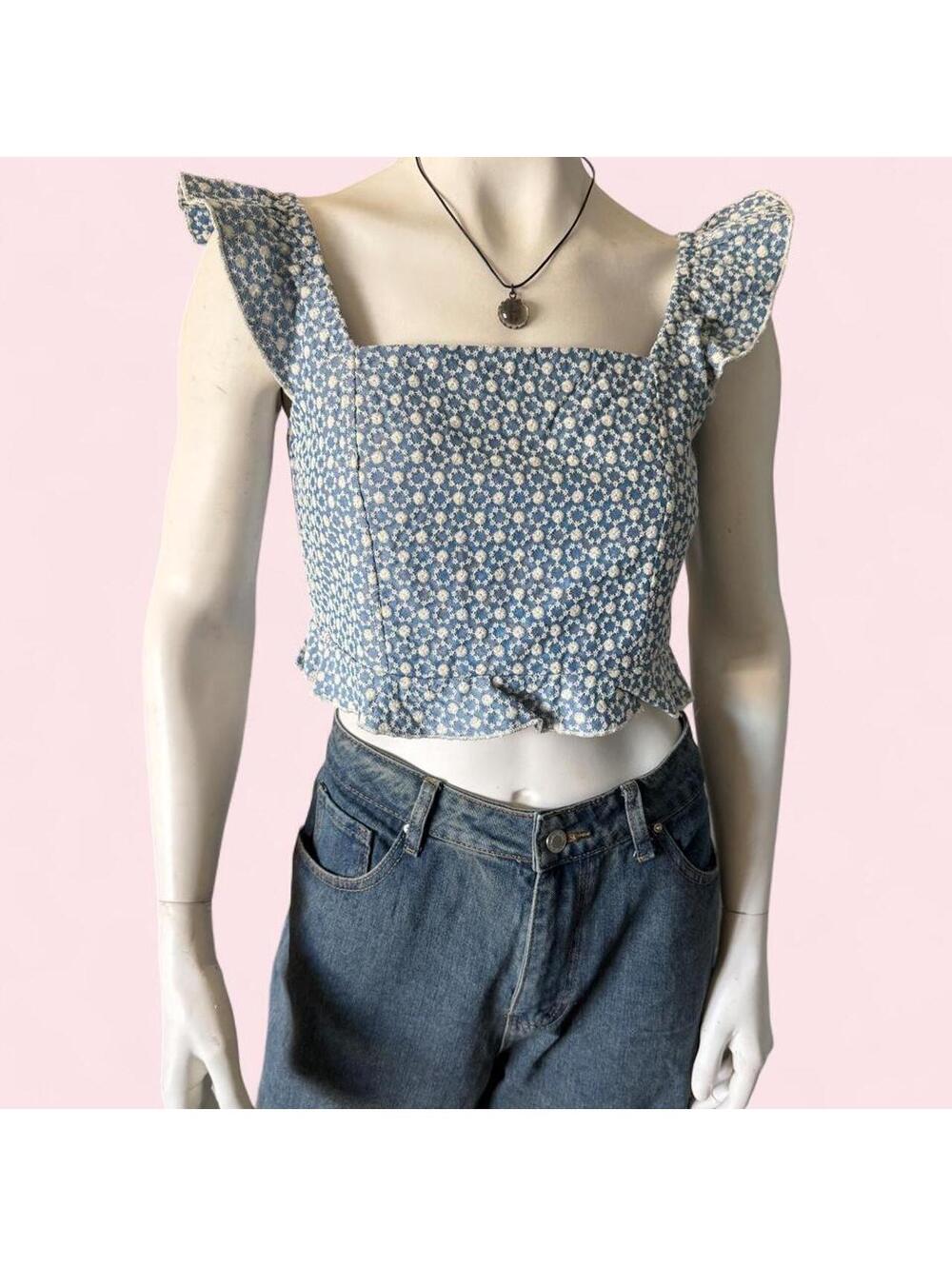 Boho Kirious LA Floral Embroidered Off-Shoulder Flutter Sleeve Crop Top